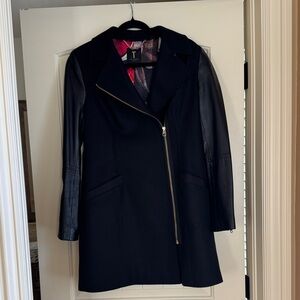 T Ted Baker London black wool coat with leather arms.